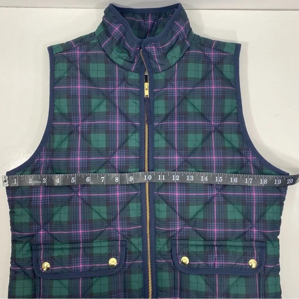 J. Crew Tartan Plaid Quilted Insulated Puffer Vest Jacket Navy Blue Green Pink S